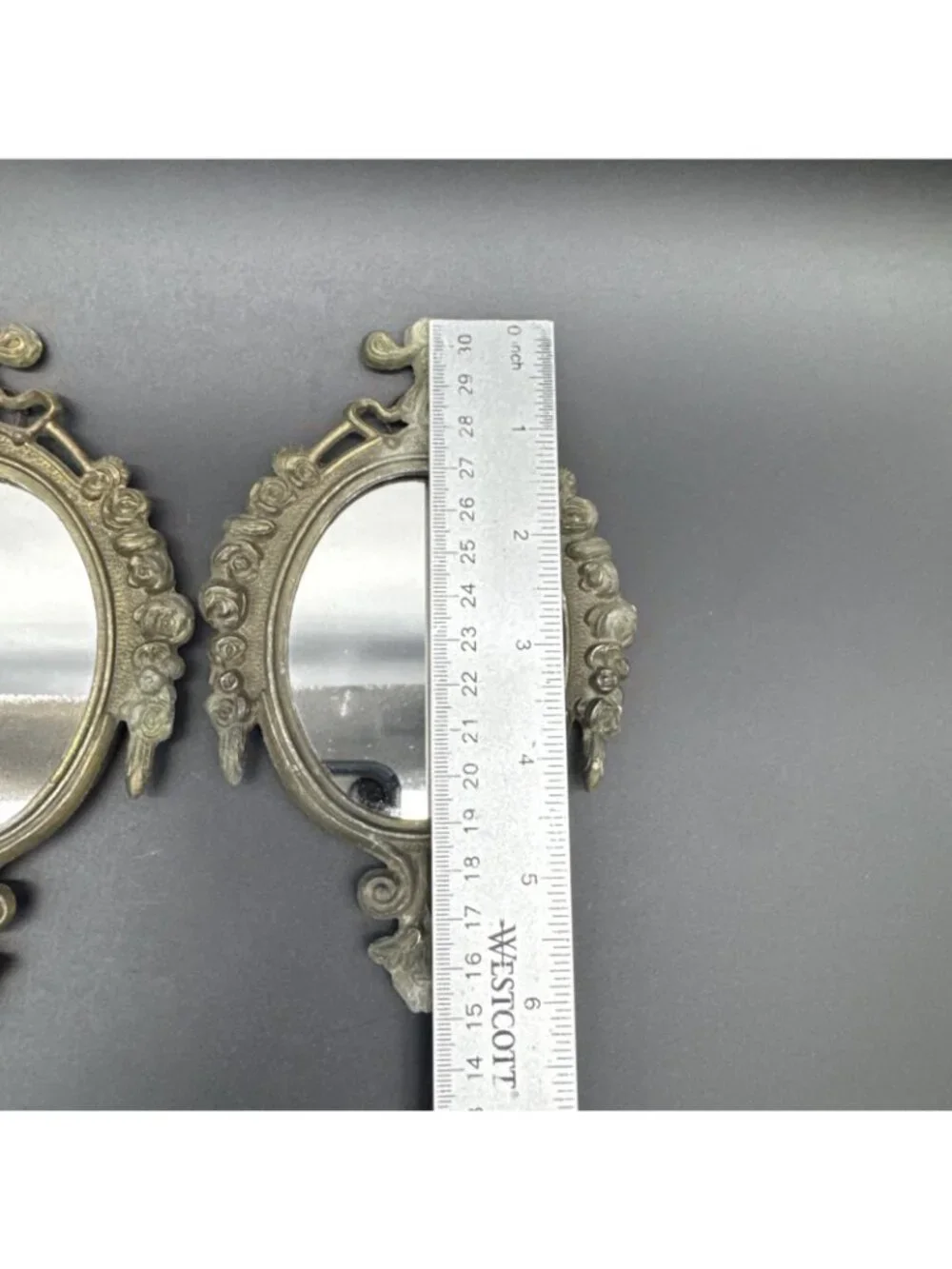 VTG 6” Ornate Gold Bronze Wall Hanging Mirror Set Floral Bow Rocco Gallery Italy
